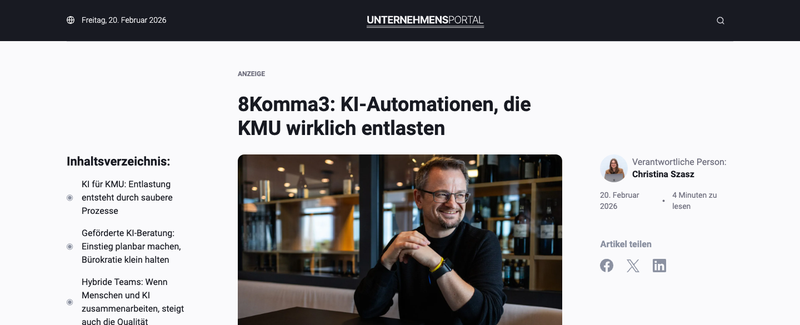 Screenshot des Artikels auf unternehmensportal.com über 8Komma3 KI-Automationen