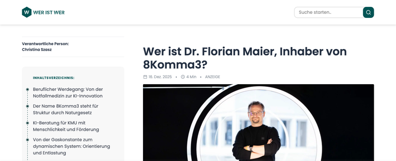 Screenshot des Artikels auf weristwer.com über Dr. Florian Maier